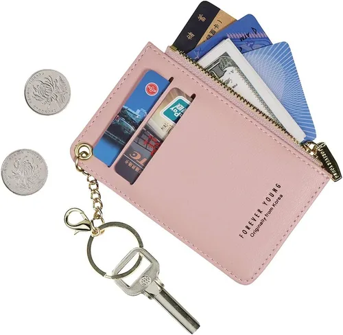 Miniatura 25 de Carteras pequeñas para mujer, tarjetero de piel delgado, cartera de monedas con llavero