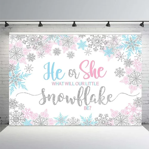 Miniatura 7 de MEHOFOND Fondo de revelación de género de invierno de 7 x 5 pies, ¿qué será nuestro pequeño copo de nieve para niño o niña? Fondo de fotografía rosa
