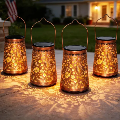 Miniatura 15 de LeiDrail Farol solar colgante al aire libre, faroles decorativos de metal, luz LED blanca cálida, impermeable, iluminación de paisaje para mesa