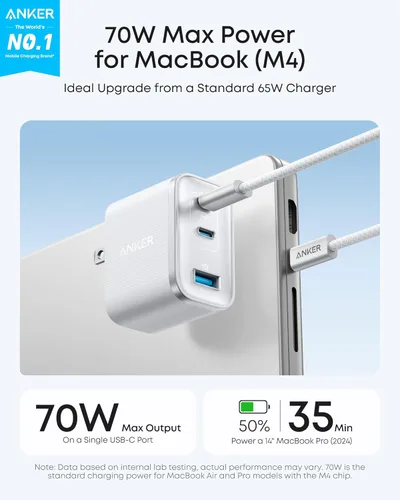 Miniatura 2 de Anker Cargador nano, salida ultrarrápida de 70 W, bloque de cargador USB C de 3 puertos, carga rápida, compacto y elegante, para iPhone serie 17/16