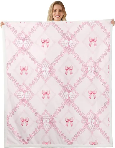 Miniatura 39 de Manta de franela con lazo rosa, manta de vellón con lazo en acuarela para decoración del hogar, sofá, sofá, manta de forro polar kawaii de dibujos