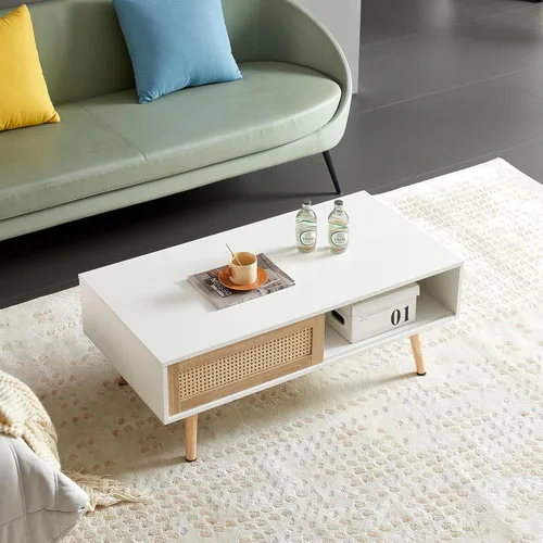 Miniatura 3 de AMNOOL Mesa auxiliar rectangular de ratán de 41.34 pulgadas, mesa central de madera para sofá, puerta corrediza, patas de madera maciza, se puede