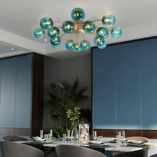 Miniatura 8 de Candelabros Sputnik dorados con globo de vidrio azul, lámpara de techo empotrada con 3 luces de acento de flor de mediados de siglo, candelabros