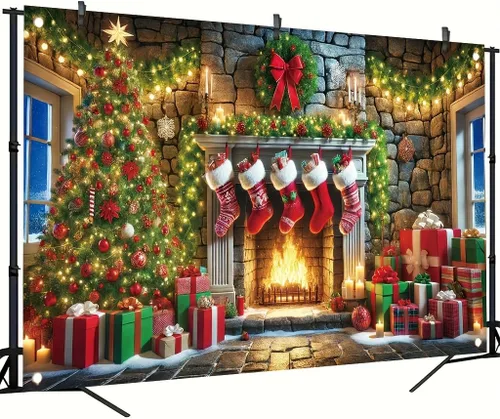 Miniatura 8 de Cartel de Feliz Navidad de 71 x 43 pulgadas, caja de regalo, adorno de árbol, decoración de fondo de fotografía para fiestas de invierno