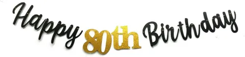 Miniatura 7 de Cartel de papel con purpurina de doble tamaño, color negro, con texto en inglés «Happy 80th Birthday», «No DIY Gold Glitter» para fiesta