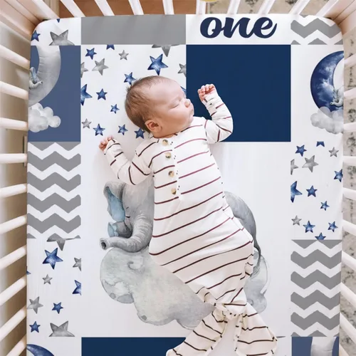 Miniatura 4 de HawSkgFub Sábana bajera ajustable de elefante dormido azul marino para cuna para bebé, niño, Dream Big Little One You are So Loved de retazos