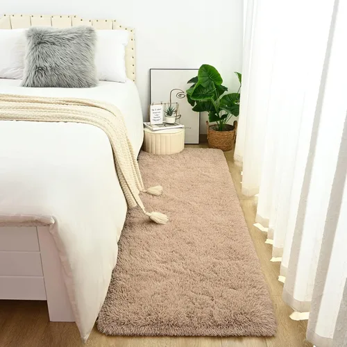 Miniatura 9 de DweIke Alfombras de pasillo beige esponjosas para dormitorio, 2 x 6 pies, alfombra larga de felpa suave para niñas y niños, antideslizante y lavable