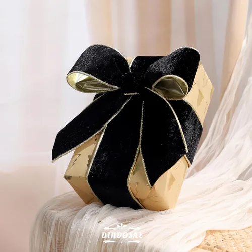 Miniatura 4 de Cinta de terciopelo negro con alambre de 2.5 pulgadas x 10 yardas, cinta de Navidad negra y dorada con parte trasera dorada, cinta de terciopelo