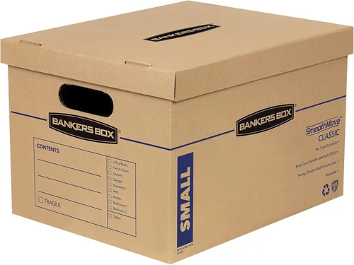 Bankers Box Caja de mudanza clásica pequeña, paquete de 10 unidades, asas reforzadas, montaje sin cinta, caja de corrugado con tapa, 15 x 12 x 10