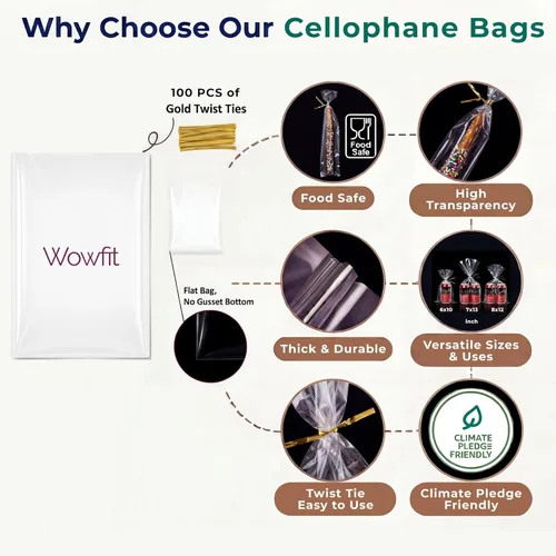 Miniatura 4 de Wowfit 100 bolsas de celofán plano transparente de 2 x 10 pulgadas con lazos dorados de 4 pulgadas, embalaje de celofán para barras de pretzel