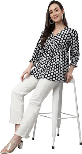 Miniatura 3 de Janasya Top Peplum de algodón negro con estampado de lunares para mujer india