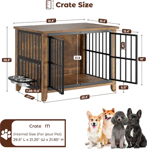 Miniatura 4 de Lulive Mueble de jaula para perros, jaula de madera para perros de interior con cuencos ajustables de 360° y altura, muebles de doble puerta