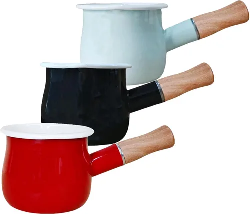 Miniatura 2 de Mini Olla de Leche Esmaltada de 0.6 Cuartos con Mango de Madera Aislado, 2 Picos Vertedores, Calentador de Alimentos Pequeño, Cacerola Bonita