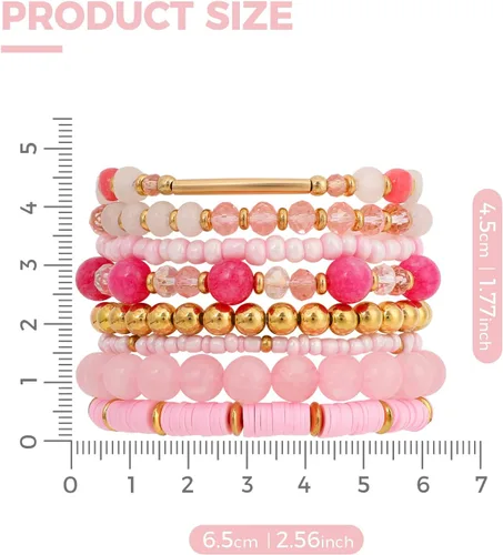 Miniatura 2 de IDEAJOY Pulseras rosas bohemias de cuentas de varias capas apilables, conjunto de 8 piezas de hebra elástica versátil con cuentas brillantes