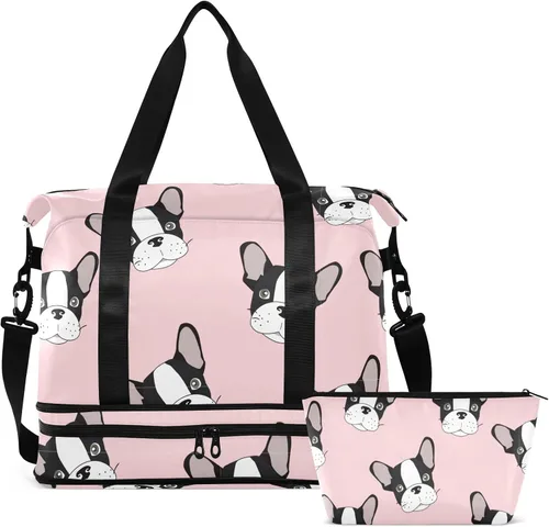 Bolsa de viaje deportiva de bulldog francés para mujeres y hombres, bolsa de gimnasio con compartimento para zapatos, bolsillo húmedo, bolsas de