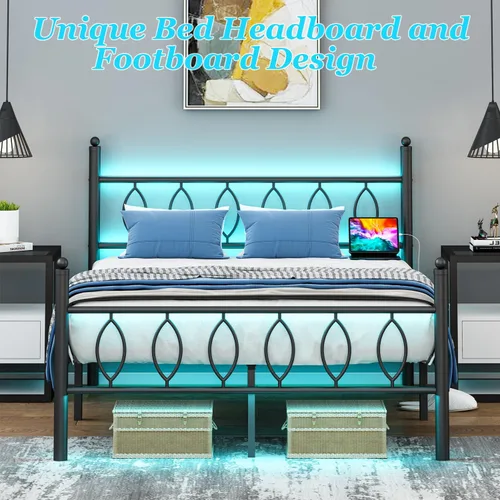 Miniatura 7 de Marco de Cama Tamaño Full con Cabecero, Marco de Cama Plataforma de Metal Negro Tamaño Full con Estación de Carga y Luces LED, Almacenamiento Bajo