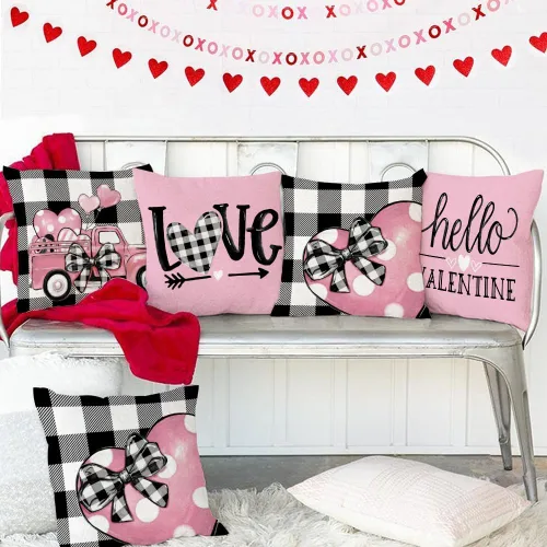 Miniatura 5 de GEEORY Fundas de almohada para el día de San Valentín "Te quiero más, sé mío" 18x18 pulgadas, juego de 4, corazones rojos, camiones, rayas, a
