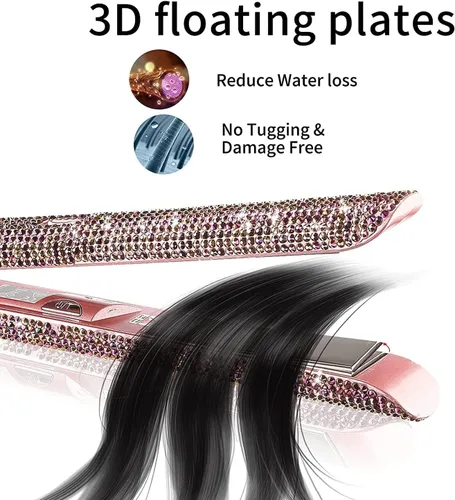 Miniatura 3 de Plancha plana de titanio con magnífico diamante de imitación de cristal, alisador y rizador de pelo 2 en 1, apagado automático de 60 minutos, Rosa