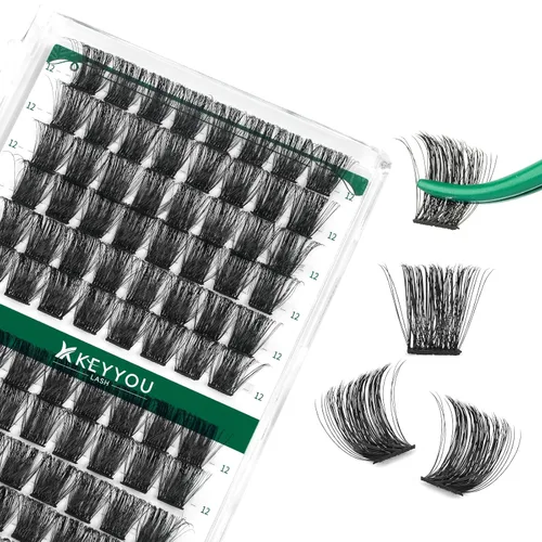 Miniatura 88 de KEYYOU Racimos de pestañas, 96 piezas de extensiones de pestañas DIY, rizado D de 16 mm, negro, realista, no irritante, fácil de colocar en casa