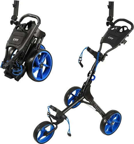 Miniatura 2 de KVV Carrito de empuje de golf de 3 ruedas ultra ligero tamaño plegable más pequeño, soporte para tarjeta de puntuación de nueva versión Negro/Azul