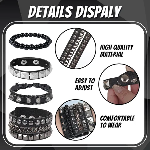 Miniatura 3 de HOVEOX 4 pulseras punk rock tachonadas pulsera gótica de cuero para hombres y mujeres, joyería gótica, accesorios punk, joyería emo para hombres