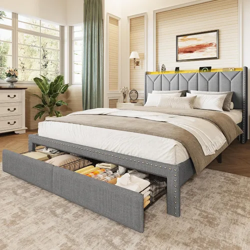 Miniatura 11 de WLIVE Base de cama tapizada de tamaño matrimonial con cabecera de ala de 48 pulgadas de alto, cama cuadrada de terciopelo con estación de carga