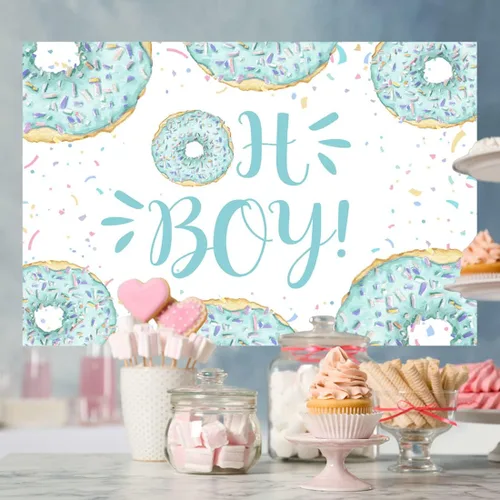 Miniatura 3 de Lofaris Telón de fondo Oh Boy para baby shower, dona azul y verde para fiesta de niños, lunares coloridos, confeti, fotografía, telón de fondo
