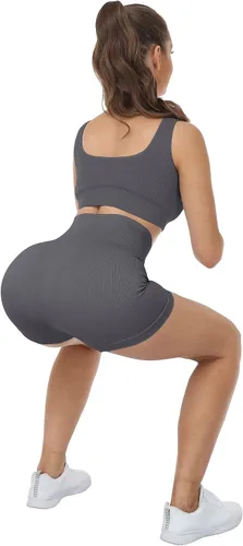 Miniatura 5 de LZYVOO Pantalones cortos de entrenamiento de 4 piezas para mujer, cintura alta, acanalados, sin costuras, pantalones cortos de ciclismo de elastano