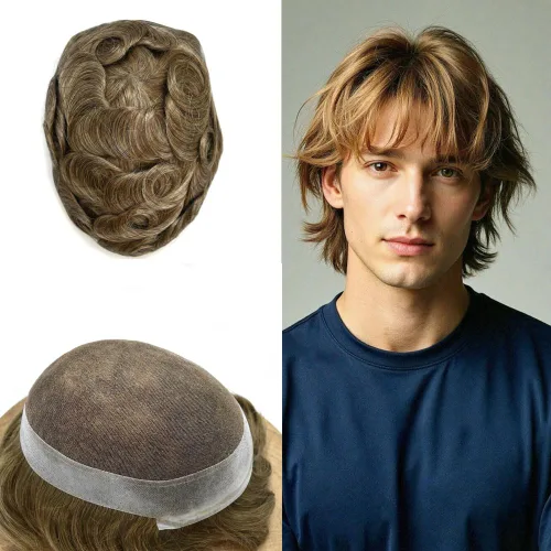 Miniatura 55 de Toupee para hombres Sistema de reemplazo de cabello humano real pieza de cabello humano para hombres encaje suizo para hombre Toupee Hair Pieces