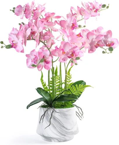 Miniatura 9 de W&W Plantas y flores artificiales de orquídea con jarrón, orquídea de seda sintética falsa en maceta de cerámica, 24 pulgadas, color blanco
