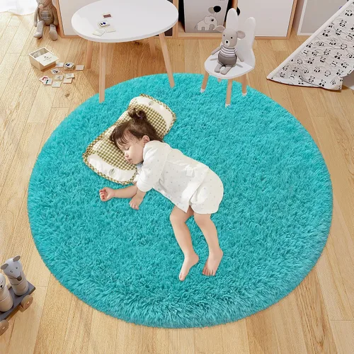 Miniatura 23 de Alfombra circular pequeña para dormitorio, 2 x 2 pies, color azul, para decoración de habitación de niños, redonda esponjosa para guardería