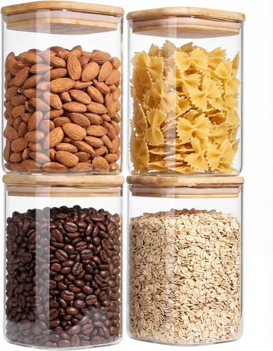 37oz 4PCS Frascos de almacenamiento de vidrio con tapas, tarros de vidrio con tapas para despensa, recipiente cuadrado para galletas, nueces,