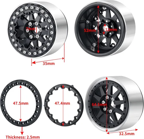 Miniatura 2 de Juego de 4 cubos de rueda de metal Beadlock de 2.2 pulgadas para Axial Wraith SCX10 90048 RR10 TRX4 D90 RC Crawler Car (negro)