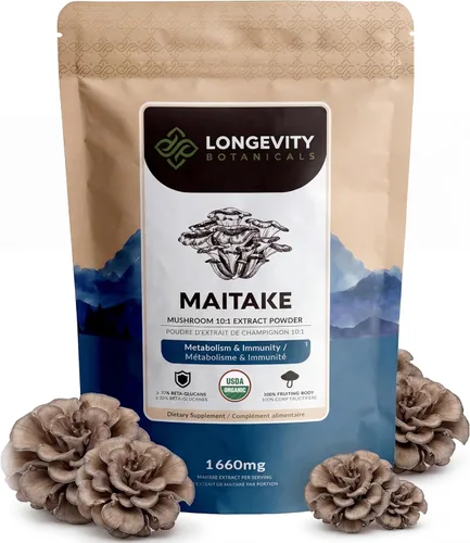 Longevity Botanicals Suplemento orgánico de hongos Maitake en polvo Extracto de 3.53 oz | Cuerpo fructífero Grifola Frondosa | ≥30% Beta-D-Glucanos