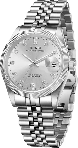 Miniatura 6 de BUREI Reloj automático para hombre, con fecha, pulsera de acero inoxidable, pulsera ajustable para hombre