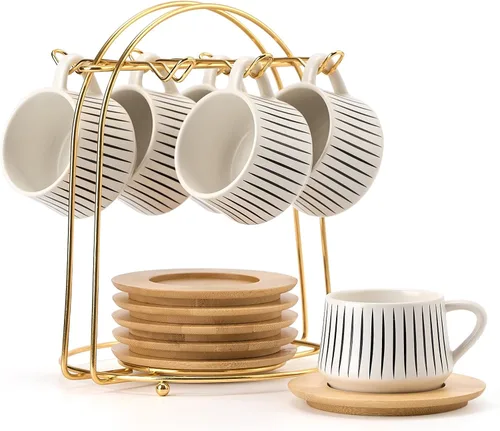 Miniatura 14 de LUKA - Juego de tazas de café de cerámica con platillos y soporte de metal, tazas de capuchino apilables de 8 oz de porcelana para té, espresso