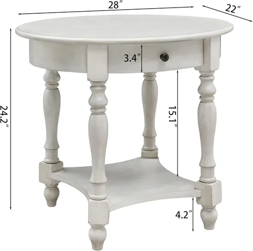 Miniatura 3 de Mesa auxiliar ovalada con cajón, estante de almacenamiento lateral de madera maciza para sofá, mesa de esquina tradicional para sala de estar