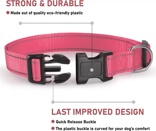 Miniatura 2 de Collar reflectante para perro con hebilla, collares de nailon de seguridad ajustables para perros pequeños, medianos y grandes, rosa claro, S