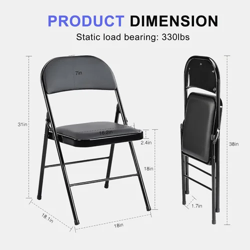 Miniatura 3 de Paquete de 2 sillas plegables, silla comercial apilable portátil, silla de cuero acolchada para interiores y exteriores con marco de metal Negro