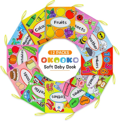 Miniatura 7 de OKOOKO 12 libros suaves para bebés, libros de tela suave, juguetes de baño, arrugados, lavables, no tóxicos, educación temprana, juguete