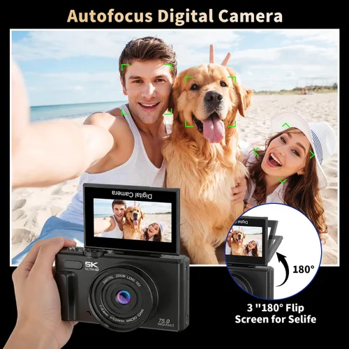 Miniatura 4 de Ourlife Cámaras para fotografía, 5K 75MP Autofocus Vlogging Cámara para YouTube con zoom de 18X, 3" 180° Flip Screen Selfie Digital Cámara compacta