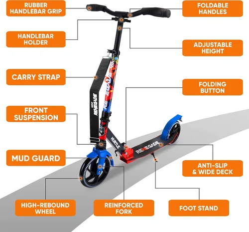 Miniatura 5 de Hurtle Renegade Kick Scooter for Kids, Teenagers & Adults - 2-Wheel Folding Scooter with Adjustable T-Bar Handlebar - Alloy Anti-Slip Deck Graffiti