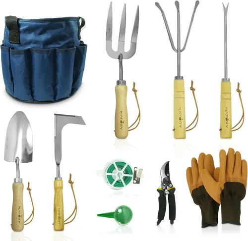 Miniatura 8 de Juego de herramientas de jardín – Herramientas de mano de jardinería de acero inoxidable premium con mango de madera de haya maciza – Kit