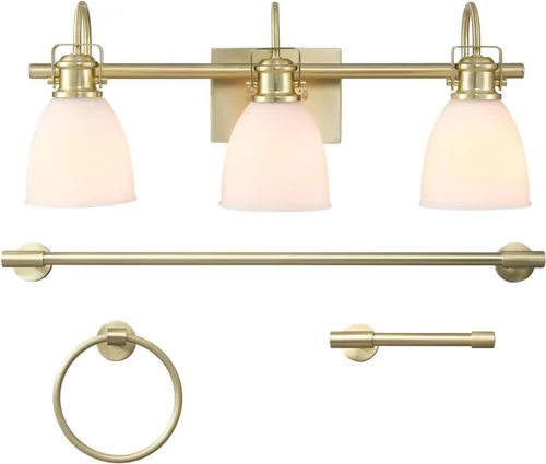 Miniatura 13 de GLOBE Electric 63000062 - Juego de baño todo en uno de 5 piezas, negro mate y latón, luz de tocador de 3 luces, vidrio sembrado, toallero, soporte