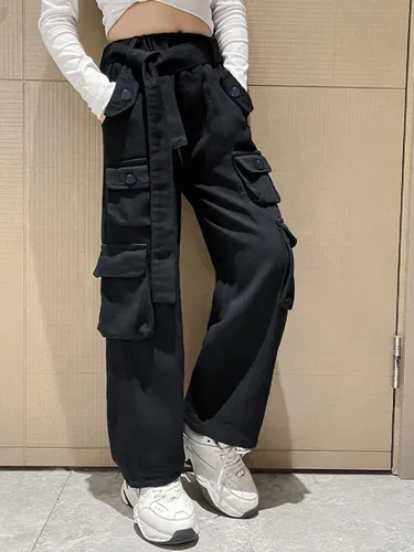Miniatura 4 de Rolanko Pantalones cargo holgados de pierna ancha Y2K de cintura alta para niños pantalones sueltos casuales de 4 a 15 años