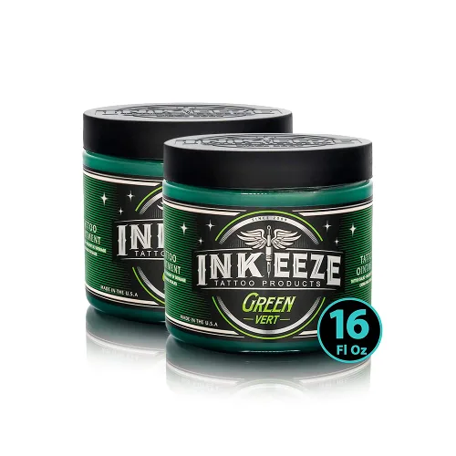 INK-EEZE Paquete de Pomada para Tatuajes Verde 2-Pack, Para Artistas y Cuidado Posterior, Vegano, Sin Crueldad, Hecho en EE. UU., 2 envases de 16 oz