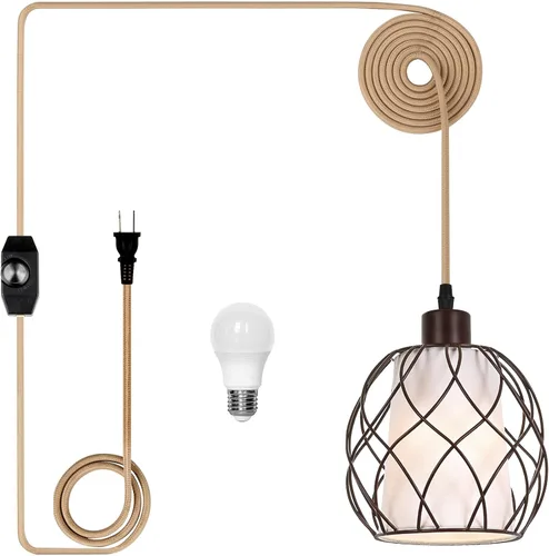 Cinkeda Plug in Pendant Light Metal Hanging Lights with Plug in Cord Hanging Lamp Mid Century Modern Vintage Dimmable Plug in Chandelier Ceiling