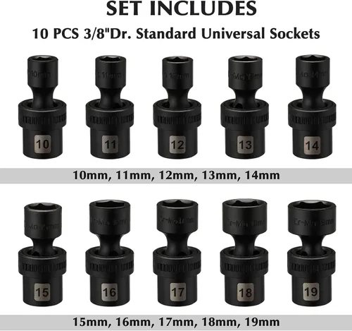 Miniatura 2 de EMENTOL 10 piezas 3/8" Juego de llaves vaso universales de impacto poco profundo, 6 puntos, métrico, CR-MO, juego de llaves vaso de impacto estándar