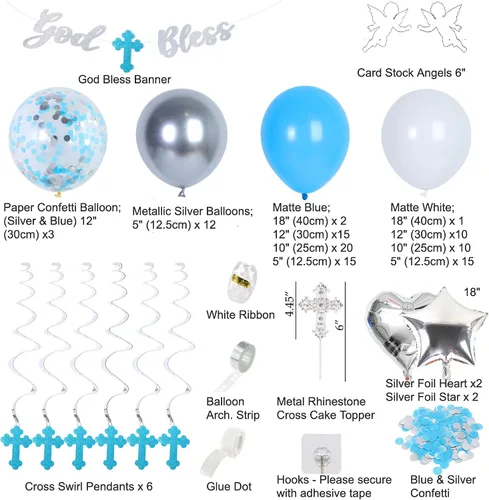 Miniatura 2 de Elkanah Decoraciones de bautismo, bautizo, comunión: pancarta blanca y plateada de Dios bendita, decoración de pastel de cruz, globos, ángeles, tira
