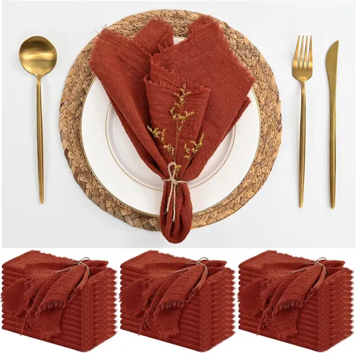 Miniatura 28 de Paquete de 12 servilletas de lino y algodón beige de 16 x 16 pulgadas, hechas a mano con flecos, servilletas de tela suave, lavables y rústicas